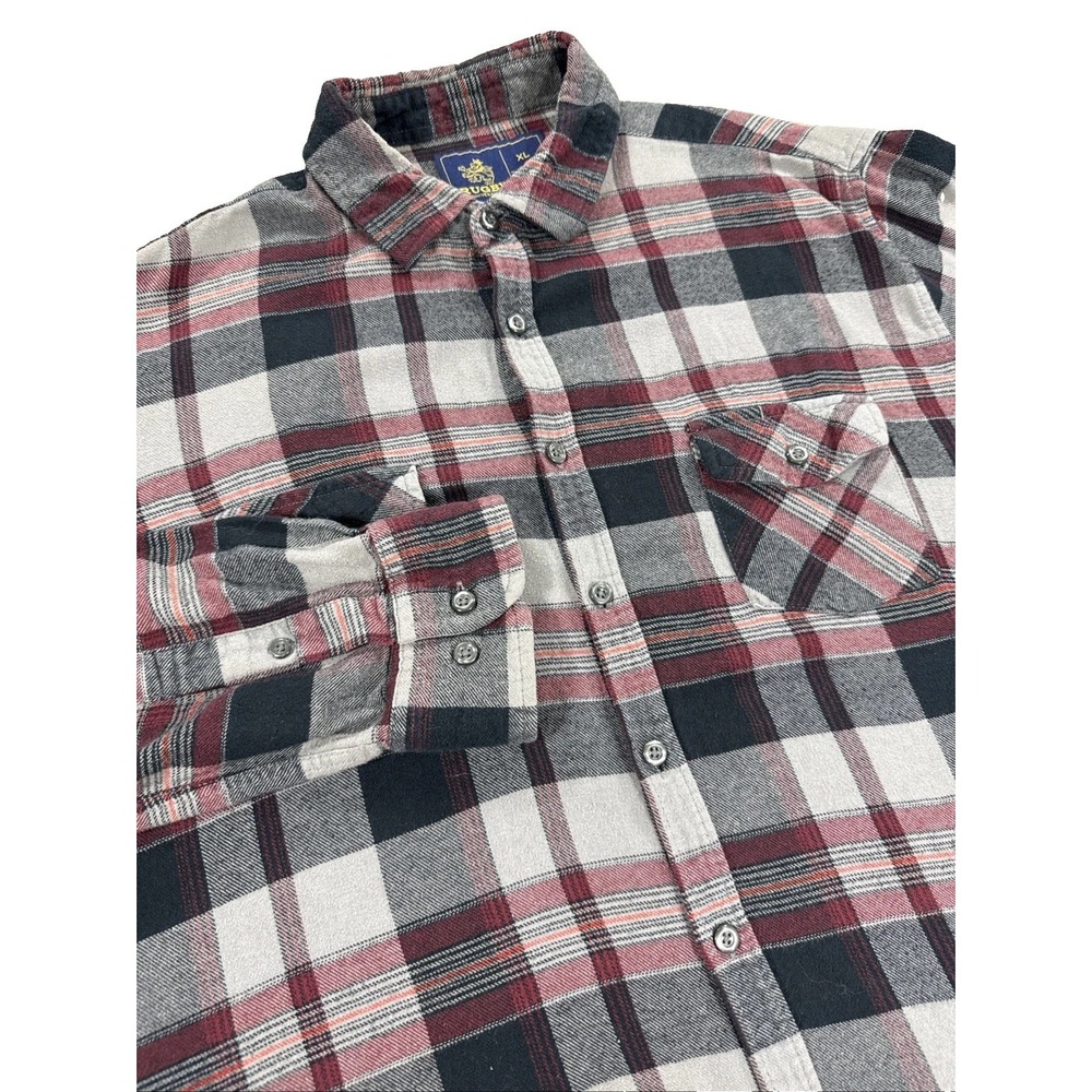 Rugby University Men's L/XLBlack Gray Plaid Flannel Outdoor Cotton Long Sleeve
